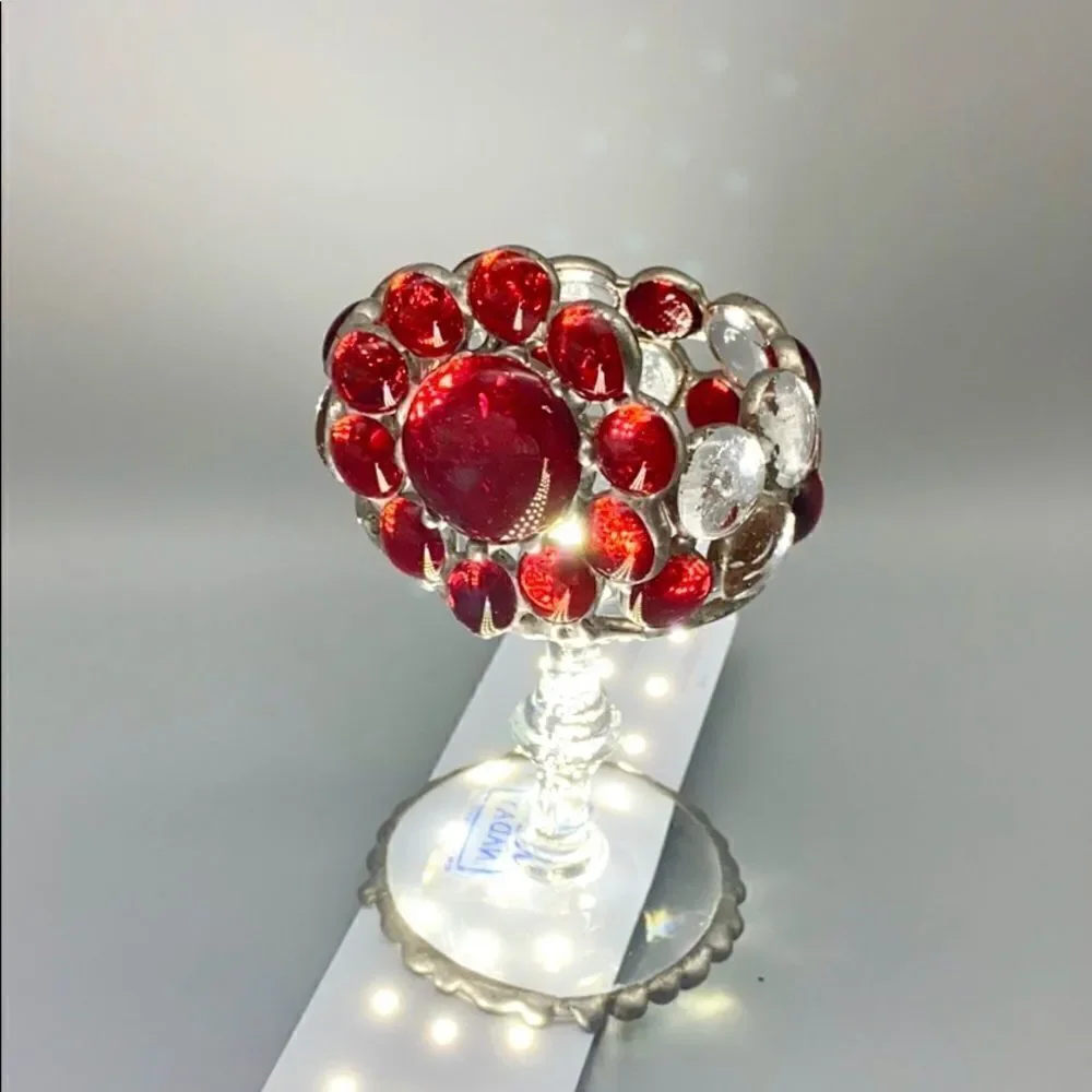 May Nadav Mosaic Art Glass Pedestal Votive Holder Decorative Bowl Red Clear